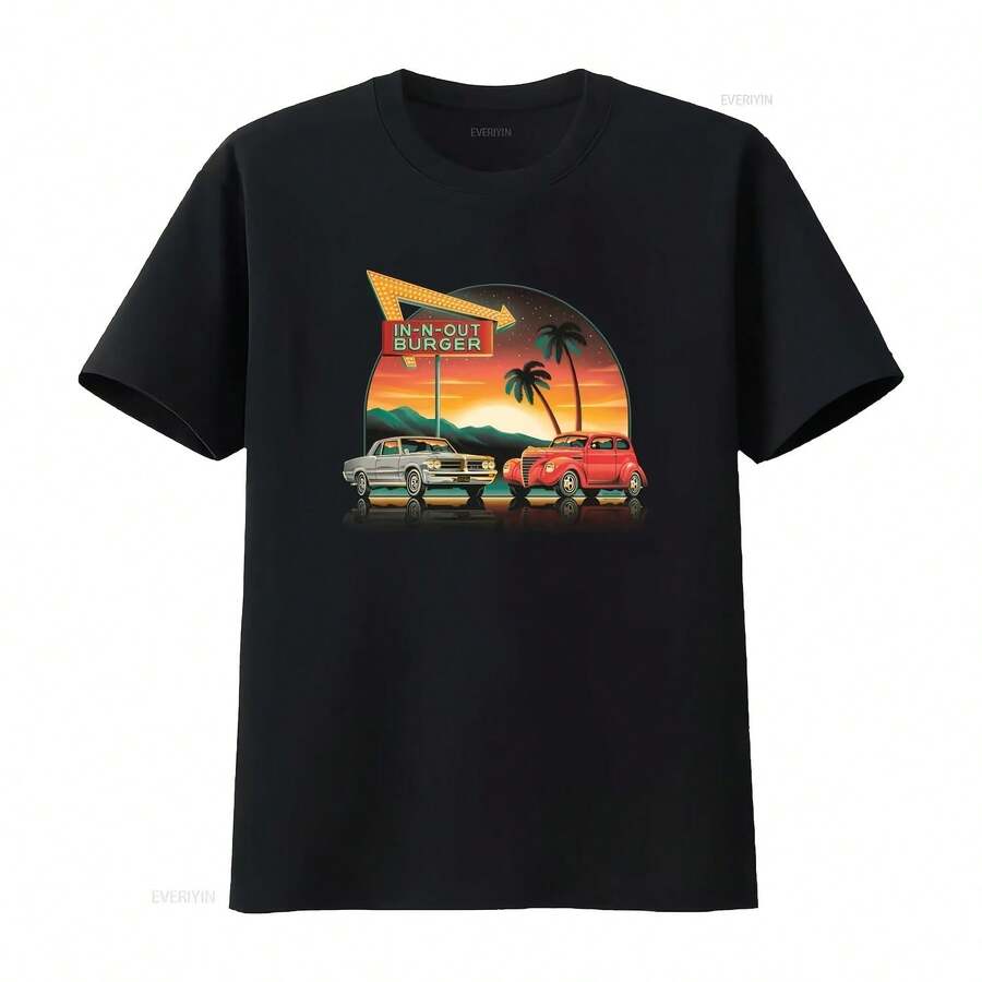 California In N Out Burger Retro Fast Food T-Shirt, Medium Size, Vintage Car And Palm Tree Design, Washed Streetwear Style - 彩色 - 查看 1