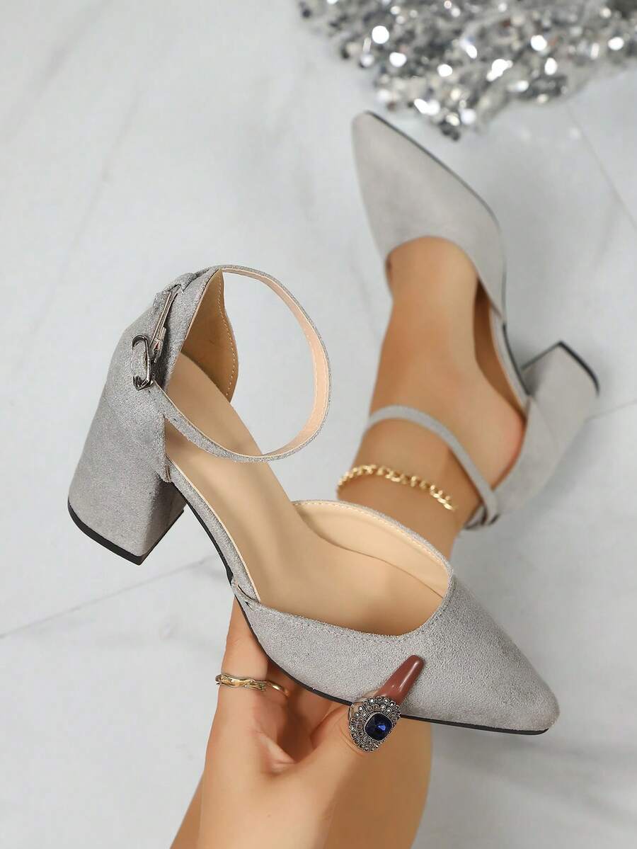 Sepatu hak blok runcing berbahan suede abu-abu untuk wanita, dengan tali pergelangan kaki dan ujung tertutup, sepatu elegan untuk kerja, pesta, dan tamu pernikahan. - Grey - View 1