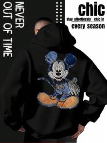 Disney Retro Mickey Mouse Denim Patchwork Hoodie, Vintage Frayed Edge Print, Black Casual Hooded Sweatshirt - Black - View 2