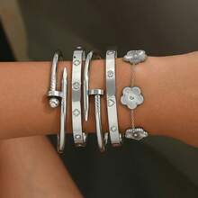 1pc Stainless Steel Heart Clover Stud Bracelet Five-Leaf Clover Bracelet Fashion Versatile Non-Fading Daily Wear Jewelry - Multicolor - View 2