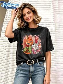 Zootopia Nick And Judy Couple Print Pattern Black Washed Pure Cotton T-Shirt - 黑色 - 查看 2