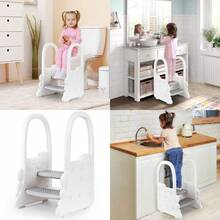 RONIPIC - Taburete de 2 escalones para niños pequeños Taburete Antideslizante para mostrador de Cocina Inodoro para baño Taburete de baño y ayudante de Cocina con pasamanos - Gris - Ver 1