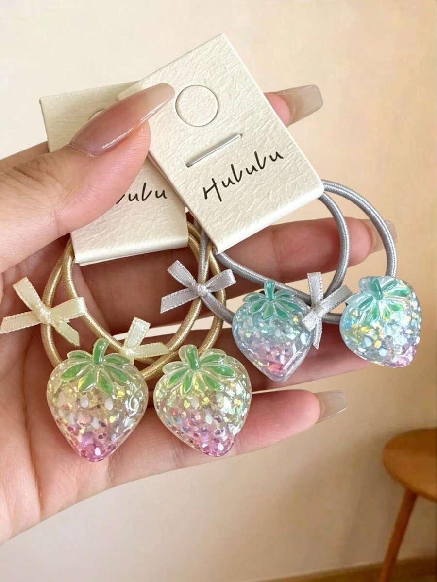 4pcs Girls Sweet Cute Acrylic Glitter Strawberry Bow Decor Elastic Non-Slip Hair Ties - Multicolor - View 1