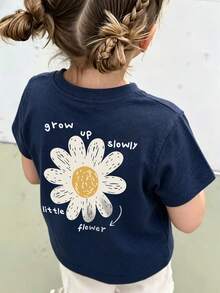 Baby Girls' Minimalist Daisy Print Round Neck Short Sleeve Cute Top - Navy Blue - View 7