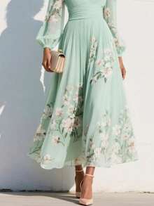 Elegant Women's Dress With Floral Pattern, Pleated Texture, And Flowing Cut - 綠色 - 查看 4