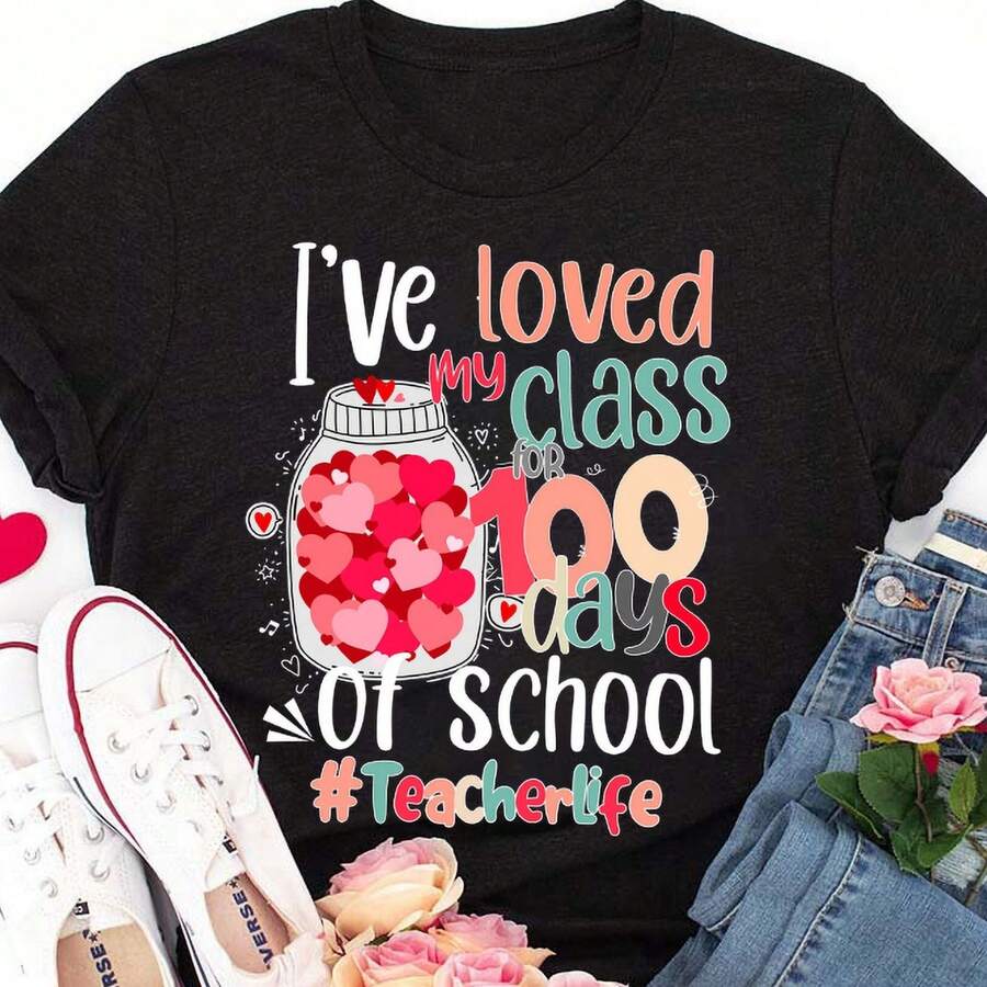 Profesor 100 días de amor por la escuela, mi clase, tops imprimidos con cuello alrededor, tops cortos y casuales para mujeres, look del 4 de julio, prendas de vacaciones para mujeres, ropa d - Negro - Ver 1