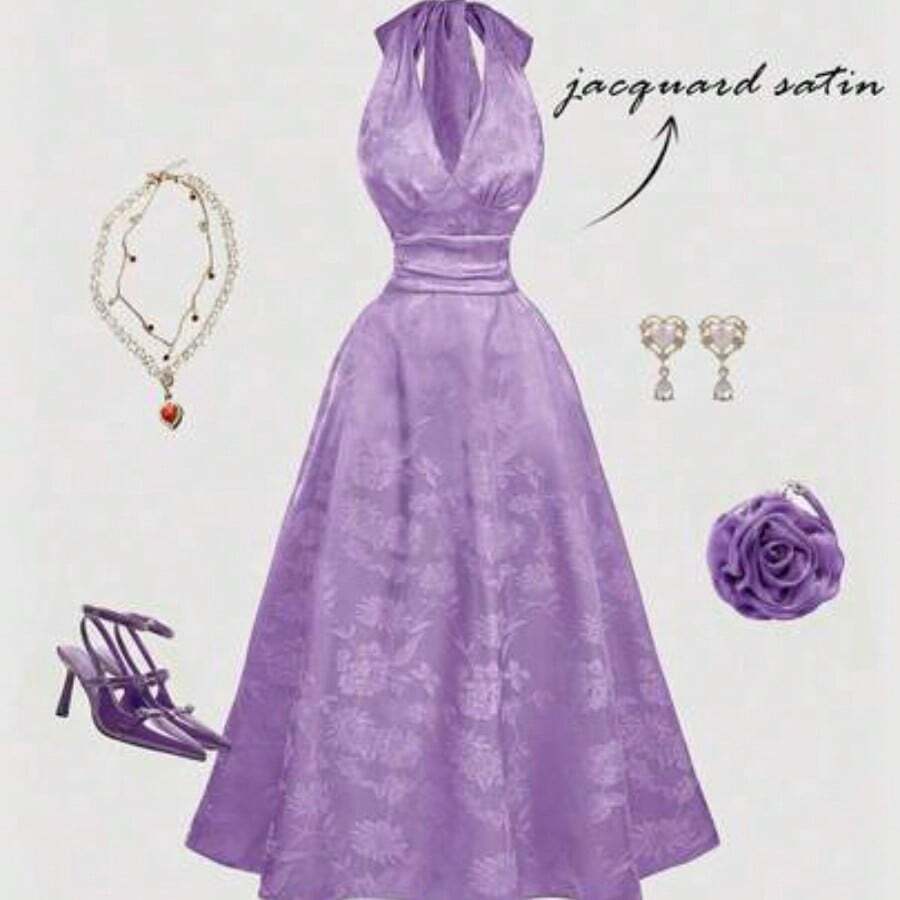 MOD Vestido largo con cuello halter en V de satén rojo con jacquard floral con lazo - Estilo barroco vintage, para citas, fiestas, glamour de corte, eventos festivos - Púrpura malva - Ver 1