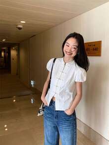 New Style Bubble Sleeve Short-Sleeved Shirt For Women, Summer, With A Design Feel, Button Closure, Short Length, Top. - White - View 1