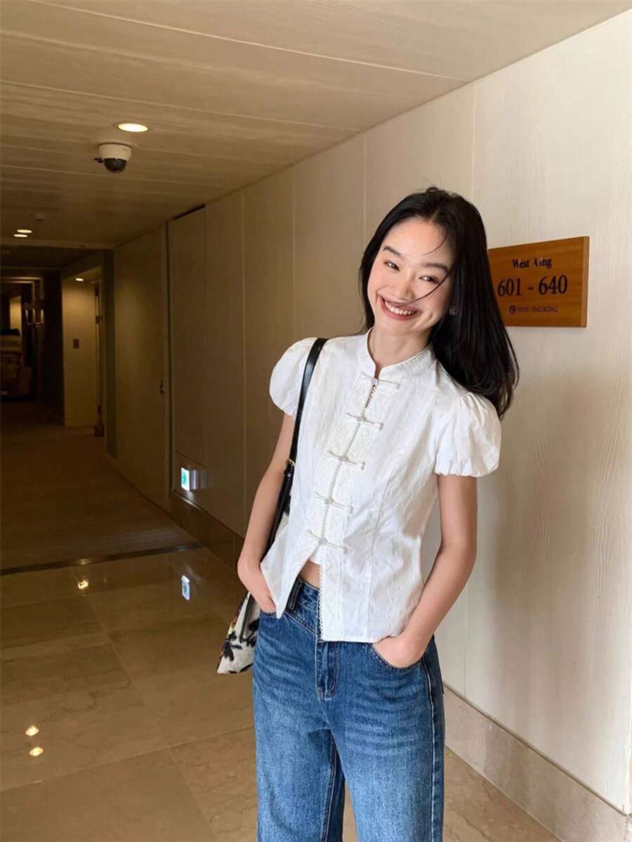 New Style Bubble Sleeve Short-Sleeved Shirt For Women, Summer, With A Design Feel, Button Closure, Short Length, Top. - White - View 1