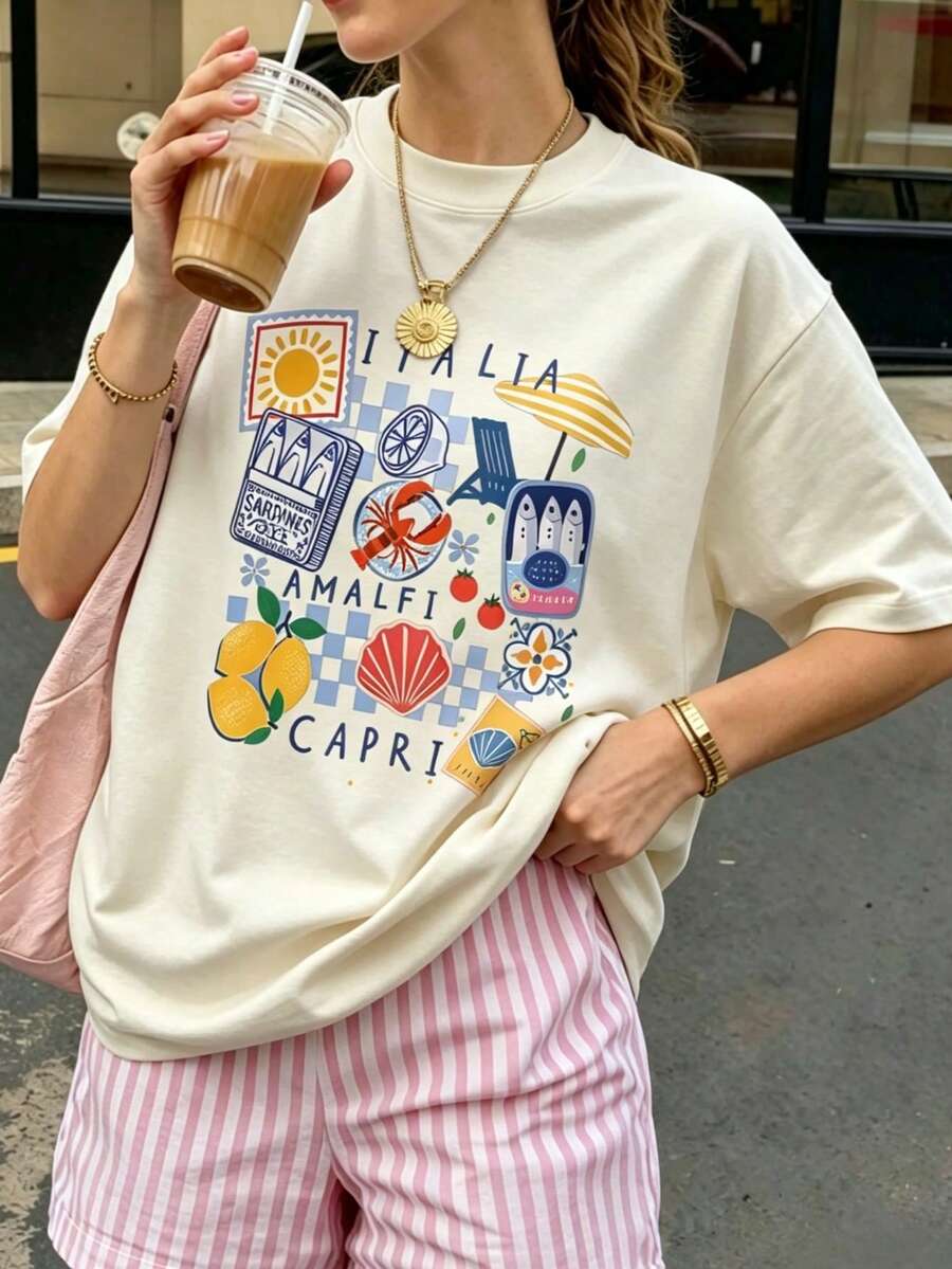 Estilo veraniego camiseta mujer con estampado italiano. Limones, sombrilla y marisco, algodón cómodo. Ideal para playa, vacaciones y detalles de regalo. - Champán - Ver 1