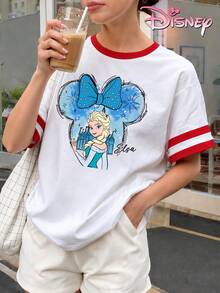 Disney Women's Pure Cotton White And Red Striped T-Shirt, Frozen Style, Elsa And Minnie Mouse Head Print, Fresh Blue Tone. - White - View 1