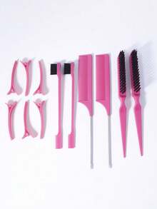 Popular 12 Pieces Pink Hair Comb & Clip Styling Set, Edge Brush Metal Rat Tail Comb Section Clips, Professional Salon DIY Hair Tools Ladies - 12-piece Set - View 4