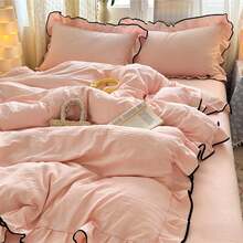 Juego de ropa de cama estilo princesa con volantes y ribete negro (1 Edredón + 2 Fundas de almohada), tela 100% poliéster suave y cómoda, adecuado para dormitorio, habitación de invitados, excelente como regalo - Albaricoque - Ver 8