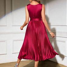 Clasi Vestido midi elegante de mujer de cuello redondo, sin mangas, plisado en el bajo, de unicolor - Verde - Ver 6