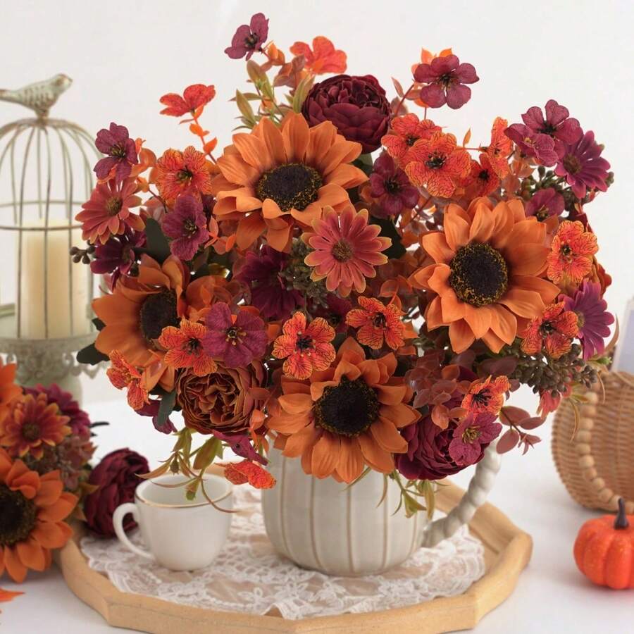1/4/8Pcs Autumn Artificial Sunflower Peony Daisy Flowers, Perfect For Home Decor, Wedding, Office, Cafe, Hotel, Gifts, DIY, Housewarming, Fall Decoration, Suitable For Thanksgiving, Halloween, Harvest Festival, Outdoor And Indoor Use - Dark Yellow - View 1