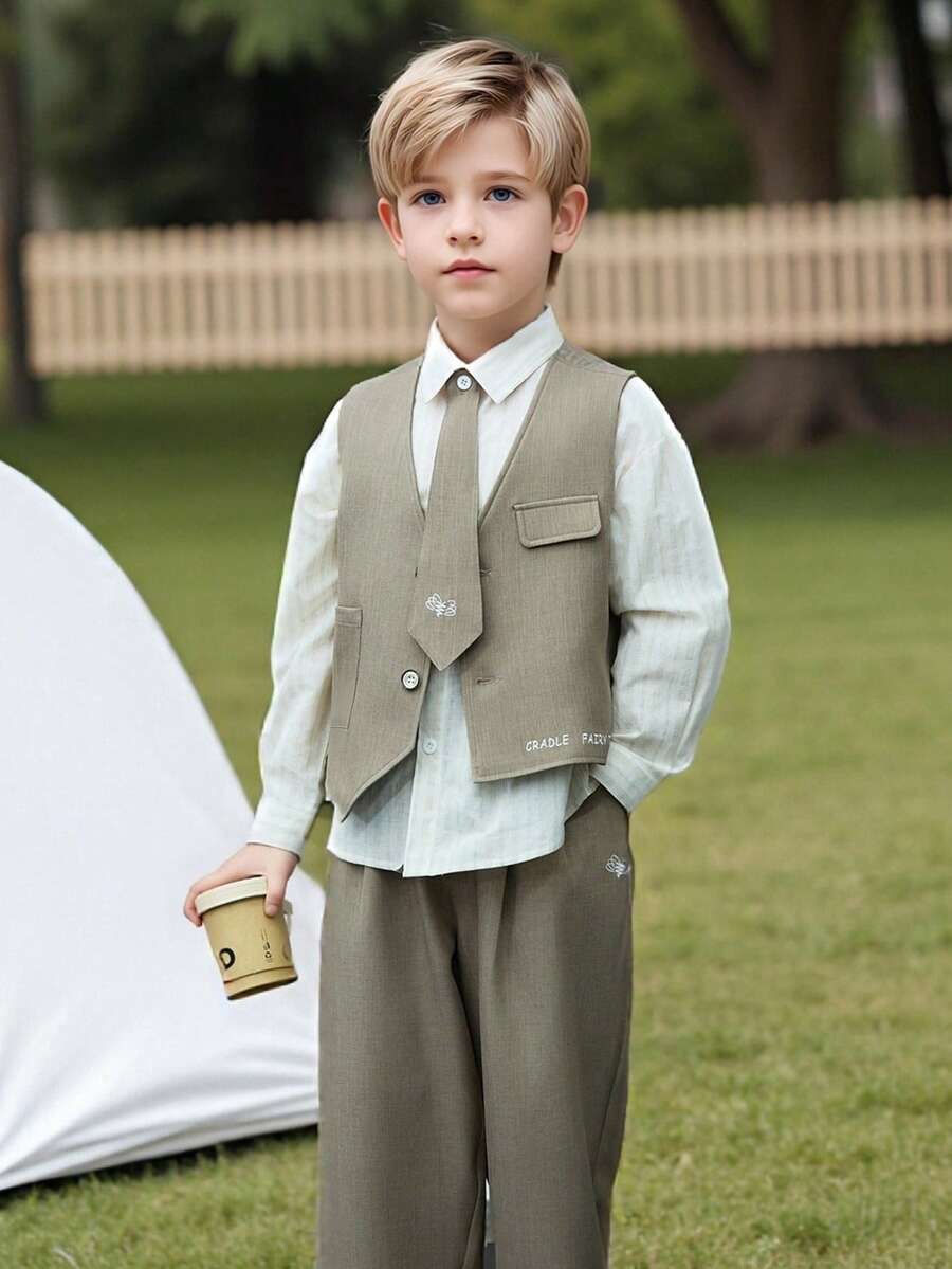 Young Boys 2pcs Set Exquisite Young Boy Formal Wear Vest + Shorts Suit Set Gentleman Style Spring Autumn Summer - Khaki - View 1