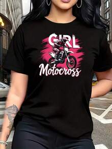 Camiseta con Estampado Gráfico de Motocross para Mujer, Talla Grande, 1 Pieza, Camiseta Divertida de Manga Corta con Estampado Gráfico, Novedosa, 100% Algodón, Cuello Redondo Casual, 220g - Negro - Ver 1