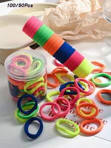 100-50pcs Seamless Elastic Hair Ties Storage Jar, Non-Damaging, Neon Bright Colors, Pink, Green, Orange, Blue Multicolor Ponytail Hair Ties, Suitable For Women And Girls Daily Styling, School, Sports, Fitness, Dance, Party, Christmas And New Year Gifts - Multicolor - View 1