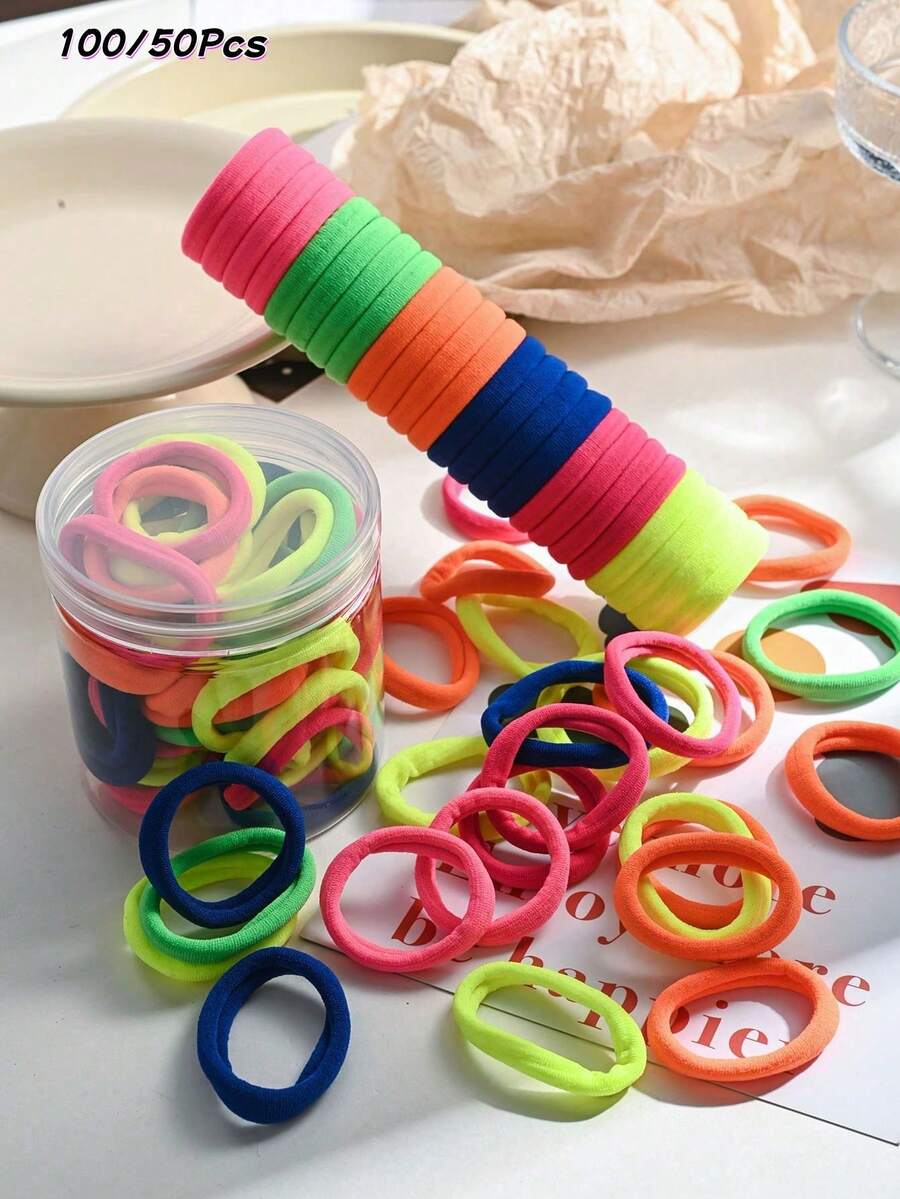 100-50pcs Seamless Elastic Hair Ties Storage Jar, Non-Damaging, Neon Bright Colors, Pink, Green, Orange, Blue Multicolor Ponytail Hair Ties, Suitable For Women And Girls Daily Styling, School, Sports, Fitness, Dance, Party, Christmas And New Year Gifts - Multicolor - View 1