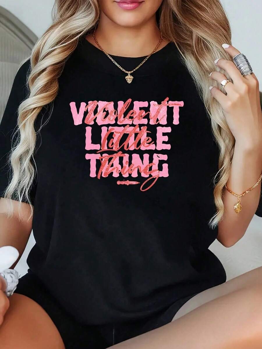 1 Piece Women's Plus Size T-Shirt Fourth Wing Violent Little Thing, Oversized Graphic Short Sleeve T-Shirt 220g, Novelty, 100% Polyester, Casual Crew Neck - 黑色 - 查看 1