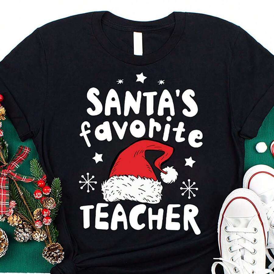 Santa's Favorite Christmas Print Crew Neck Top, Women's 4th Of July Clothing, Vacation Wear, Summer Clothes For Women, Plus Size Women's Clothing, C - 黑色 - 查看 1