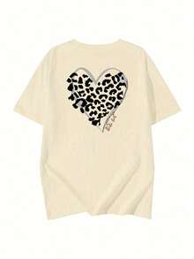 Kaos Wanita Kasual Leher Bulat Longgar dengan Motif Hati & Leopard dan Huruf, Serbaguna untuk Musim Semi/Panas - Aprikot - View 5