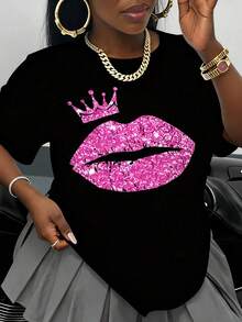 Women's White T-Shirt With Bright Pink Lips And Crown Print, Fashion T-Shirt, Casual Wear, Party Outfit, Birthday Gift Idea - 黑色 - 查看 1