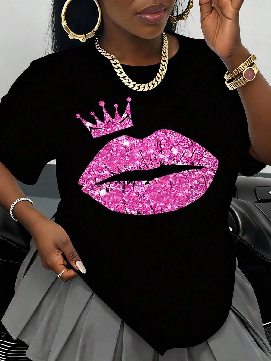 Women's White T-Shirt With Bright Pink Lips And Crown Print, Fashion T-Shirt, Casual Wear, Party Outfit, Birthday Gift Idea - 黑色 - 查看 1