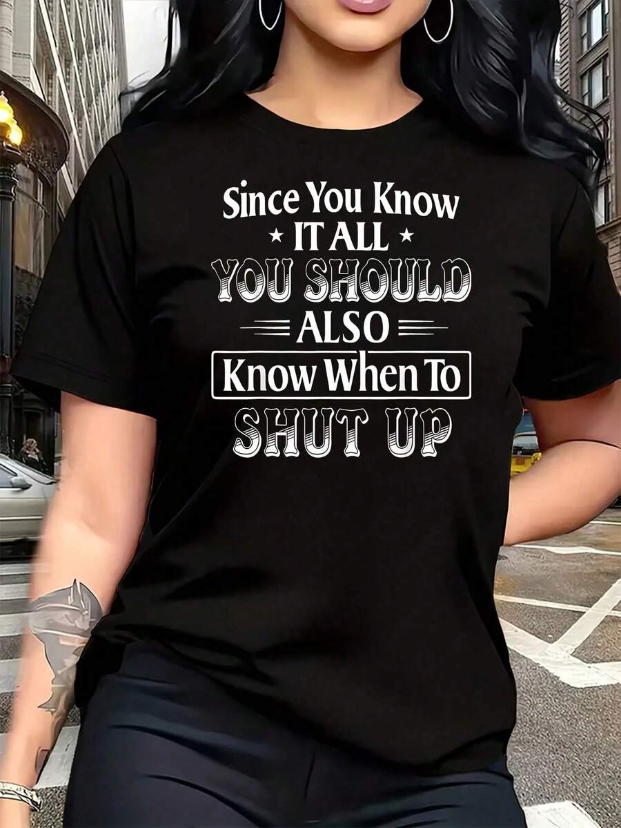 Camiseta Divertida para Mujer 'Since You Know It, ', Talla Grande, 1 Pieza, Camiseta Gráfica Oversize de Manga Corta, Novedosa, 100% Algodón, Cuello Redondo Casual, 220g - Negro - Ver 1