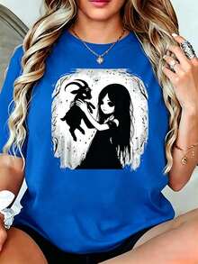orte Holgado, Camiseta Estética Gótica con Gráfico de Cabra y Niña en Misterio del Bosque, Tops de Moda Juvenil y Alternativa, Blusas Bonitas Elegantes, Ropa Urbana de Verano, Camisas Lindas - Burdeos - Ver 1