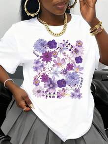 Women's White T-Shirt With Gold Rose Print, Casual Short Sleeve Top, Fashion Graphic Tee For Everyday Wear And Special Occasions, Birthday Gift Idea - 白色 - 查看 1