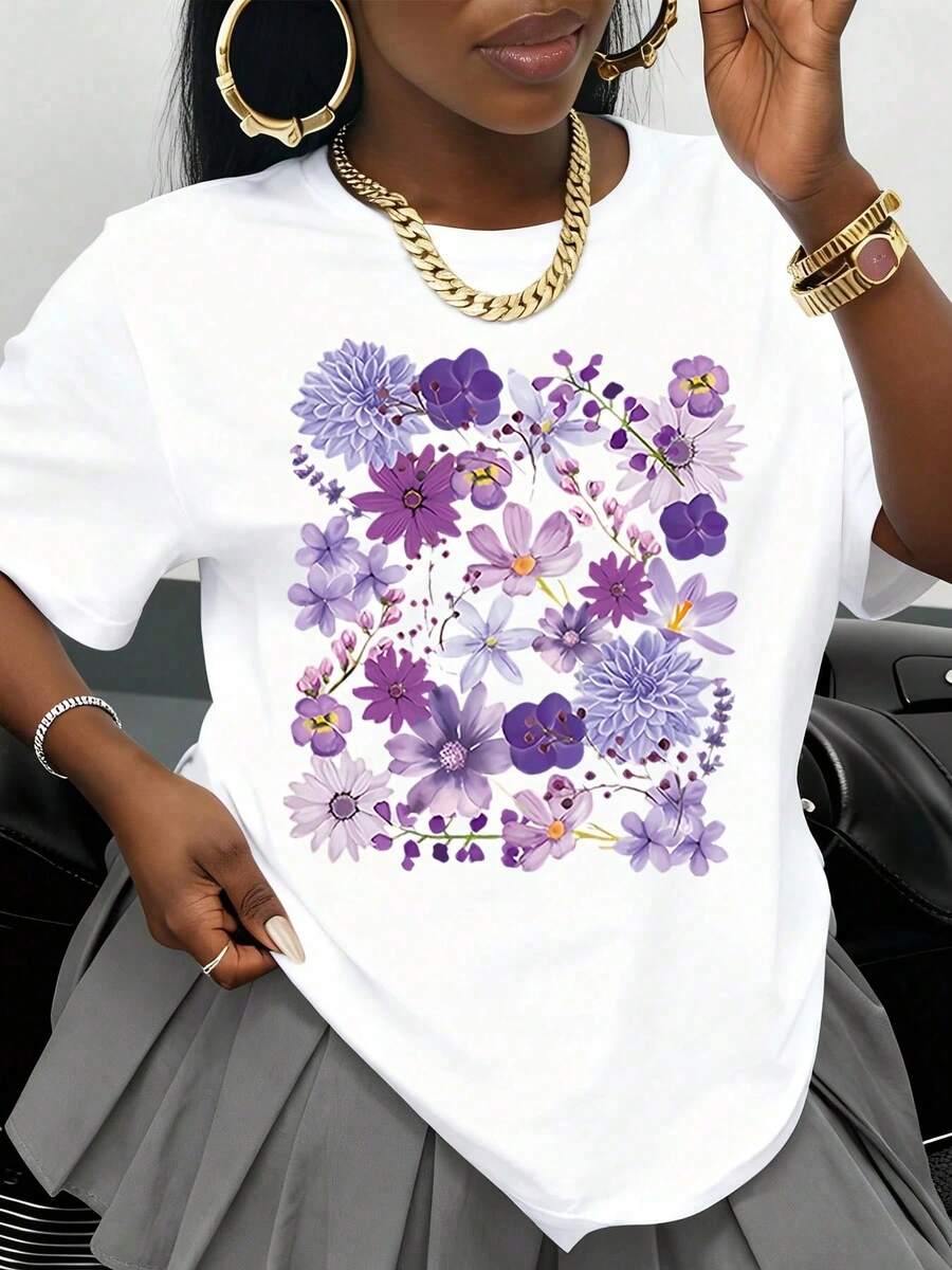 Women's White T-Shirt With Gold Rose Print, Casual Short Sleeve Top, Fashion Graphic Tee For Everyday Wear And Special Occasions, Birthday Gift Idea - 白色 - 查看 1