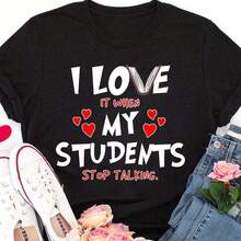 Teacher I Love It When My Students Stop Talking Print Crew Neck Tops Short Sleeve Casual Tops For Women 4th Of July Outfit Women Vacation Outfits Women Summer Clothes Plus Size Women Clothes - 黑色 - 查看 1