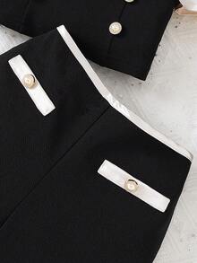 2pcs/Set Toddler Girls' Fashionable Elegant Satin Bow Camisole Top And Colorblock Shorts Summer Outfit - Black - View 7