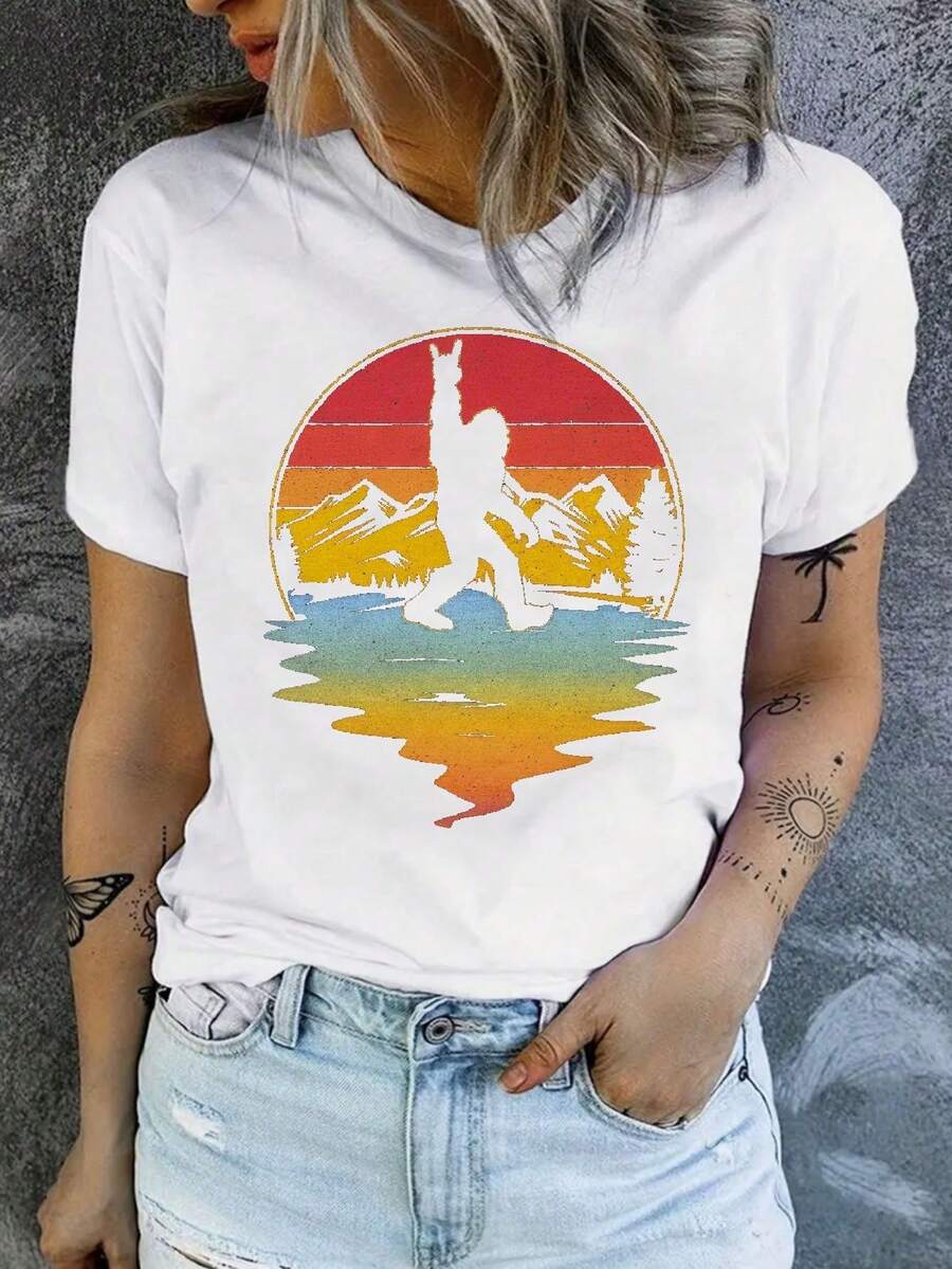 [100% Cotton] Women's Fashionable Flat Print T-Shirt - Casual Short Sleeve Fitted Neck Top - Lightweight And Breathable...Comfortable And Stylish, Versatile For Everyday Wear - 白色 - 查看 1