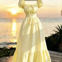 Nuevo vestido de mujer con textura trenzada de tela arrugada, mangas abullonadas, nudo delantero, espalda descubierta, cintura ceñida. Favorecedora, elegante - Albaricoque - Ver 2
