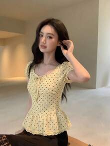 女款新式優雅顯瘦收腰短袖襯衫，蕾絲荷葉邊拼接黃色波點素色夏季上衣 - 黃色 - 查看 2