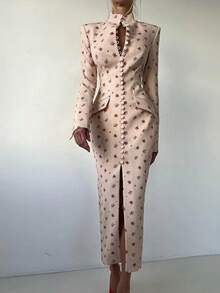 Vestido ajustado de lunares con detalles de botones muy popular - Rosa - Ver 5