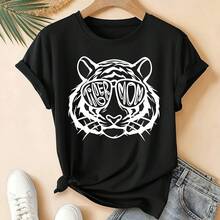 Women's Tiger Mom Print T-Shirt, Comfortable Casual Short Sleeve Crew Neck Top, Soft Summer Clothing For Women - 彩色 - 查看 1
