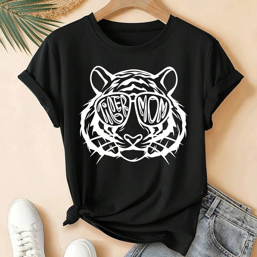 Women's Tiger Mom Print T-Shirt, Comfortable Casual Short Sleeve Crew Neck Top, Soft Summer Clothing For Women - 彩色 - 查看 1