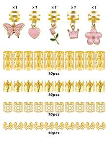 45pcs Flower Wave Hair Rings With Colorful Butterflies And Camellias - Multi-Shape Adjustable Hair Bands, Women's Dreadlock Garden Accessories - Gold - View 3
