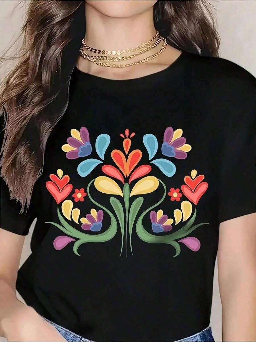100% Algodón Camiseta de Bordado Floral Colorido para Mujeres - Top de Estilo Boho Vibrante con Diseño Inspirado en México, Perfecta para Primavera, Verano, Festival, Ropa de Vacaciones 180g - Negro - Ver 1