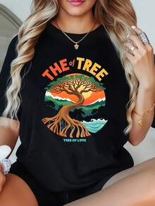 1 Camiseta de Mujer de Talla Grande con Estampado Gráfico y Natural, de Manga Corta, 220g, 100% Poliéster, Cuello Redondo, Estilo Casual - Negro - Ver 1