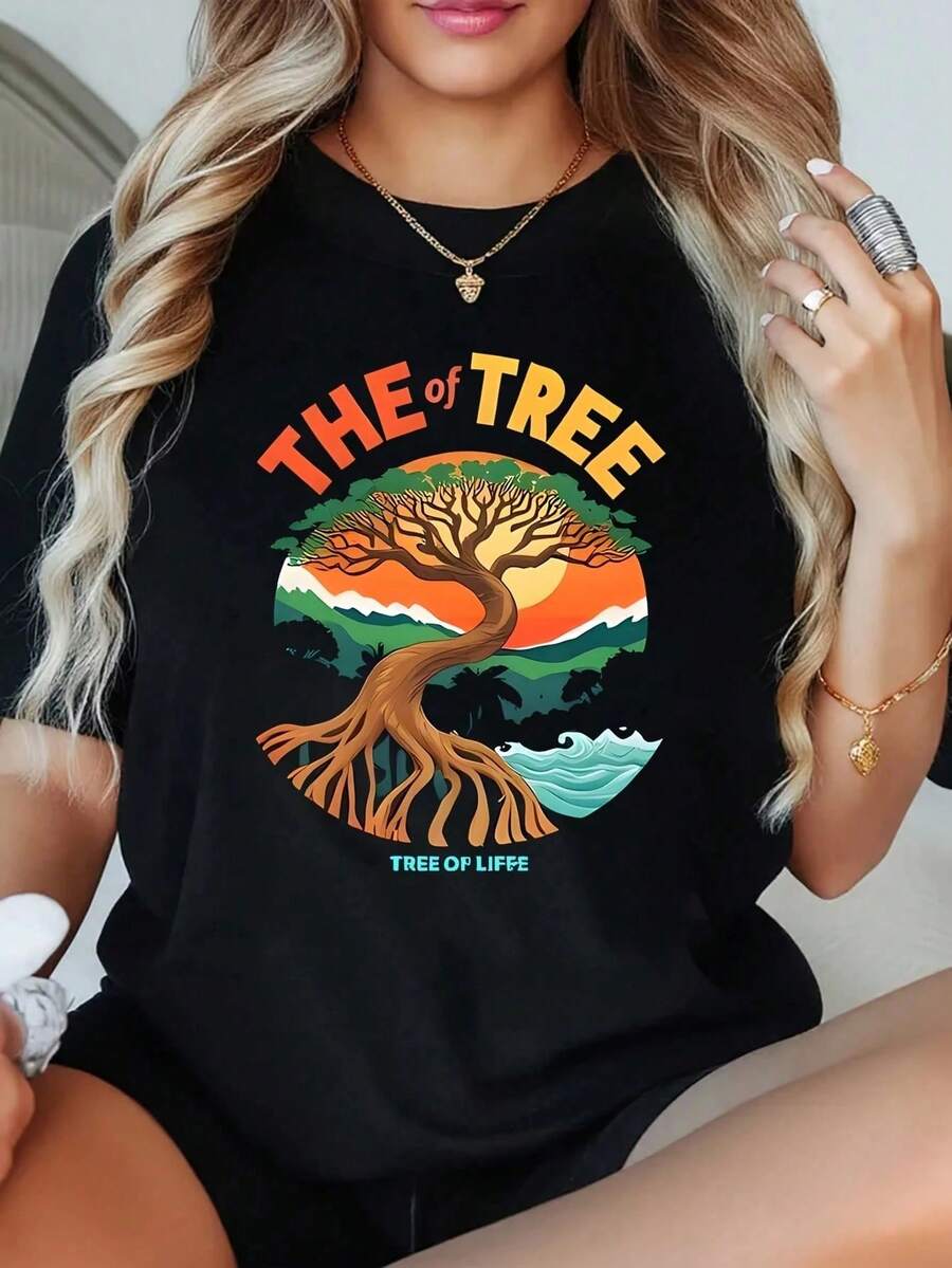 1 Camiseta de Mujer de Talla Grande con Estampado Gráfico y Natural, de Manga Corta, 220g, 100% Poliéster, Cuello Redondo, Estilo Casual - Negro - Ver 1