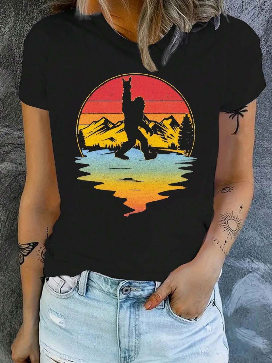 [100% Cotton] Women's Fashionable Flat Print T-Shirt - Casual Short Sleeve Fitted Neck Top - Lightweight And Breathable...Comfortable And Stylish, Versatile For Everyday Wear - 黑色 - 查看 1