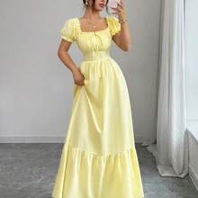 Nuevo vestido de mujer con textura trenzada de tela arrugada, mangas abullonadas, nudo delantero, espalda descubierta, cintura ceñida. Favorecedora, elegante - Albaricoque - Ver 9