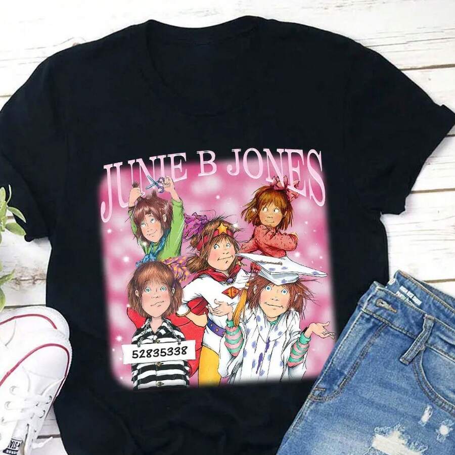 Top de cuello con diseño de personaje Junie B Jones, ropa casual de manga corta para mujeres, look del 4 de julio, prendas para mujer de talla plus, ropa de vacaciones para mujer, ropa de ve - Negro - Ver 1