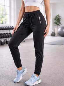 Women's Black High Elasticity Running Pants, Long Woven Fabric Sports Trousers With Drawstring And Side Zipper Pockets - Black - View 7