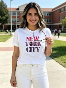 Playera Casual de Mujer con Estampado "New York City", Cuello Redondo y Manga Corta, Estilo Urbano Juvenil. - Blanco - Ver 5