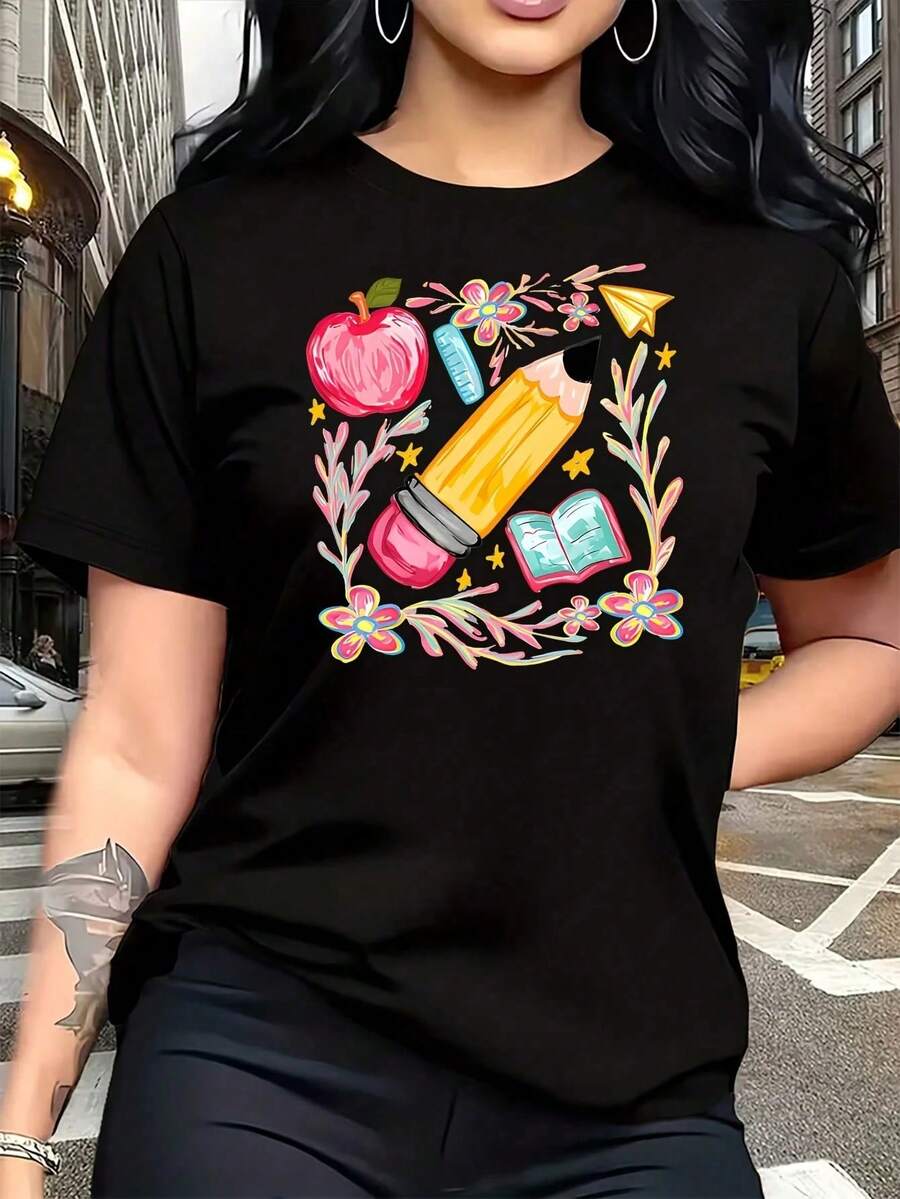 Camiseta con estampado gráfico de flores, maestro, lápiz y letras para mujer, talla grande, 1 pieza, camiseta divertida de gran tamaño con estampado gráfico, manga corta, novedosa, 100% algo - Negro - Ver 1